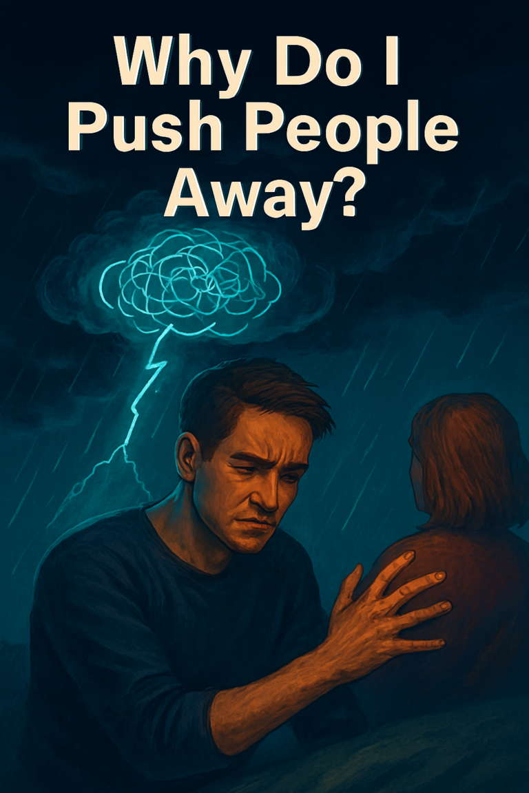 A distressed man pushes someone away as storm clouds and glowing thought bubbles swirl above, symbolizing emotional turmoil and self-isolation.