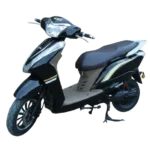 Black electric scooter with gold side accents, front headlight, alloy wheels, and comfortable black seat isolated on a white background.