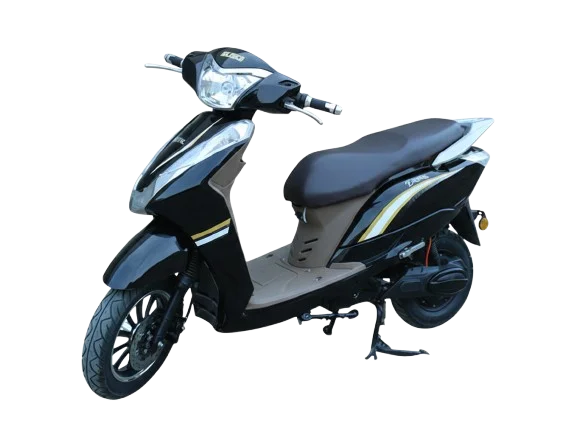 Black electric scooter with gold side accents, front headlight, alloy wheels, and comfortable black seat isolated on a white background.