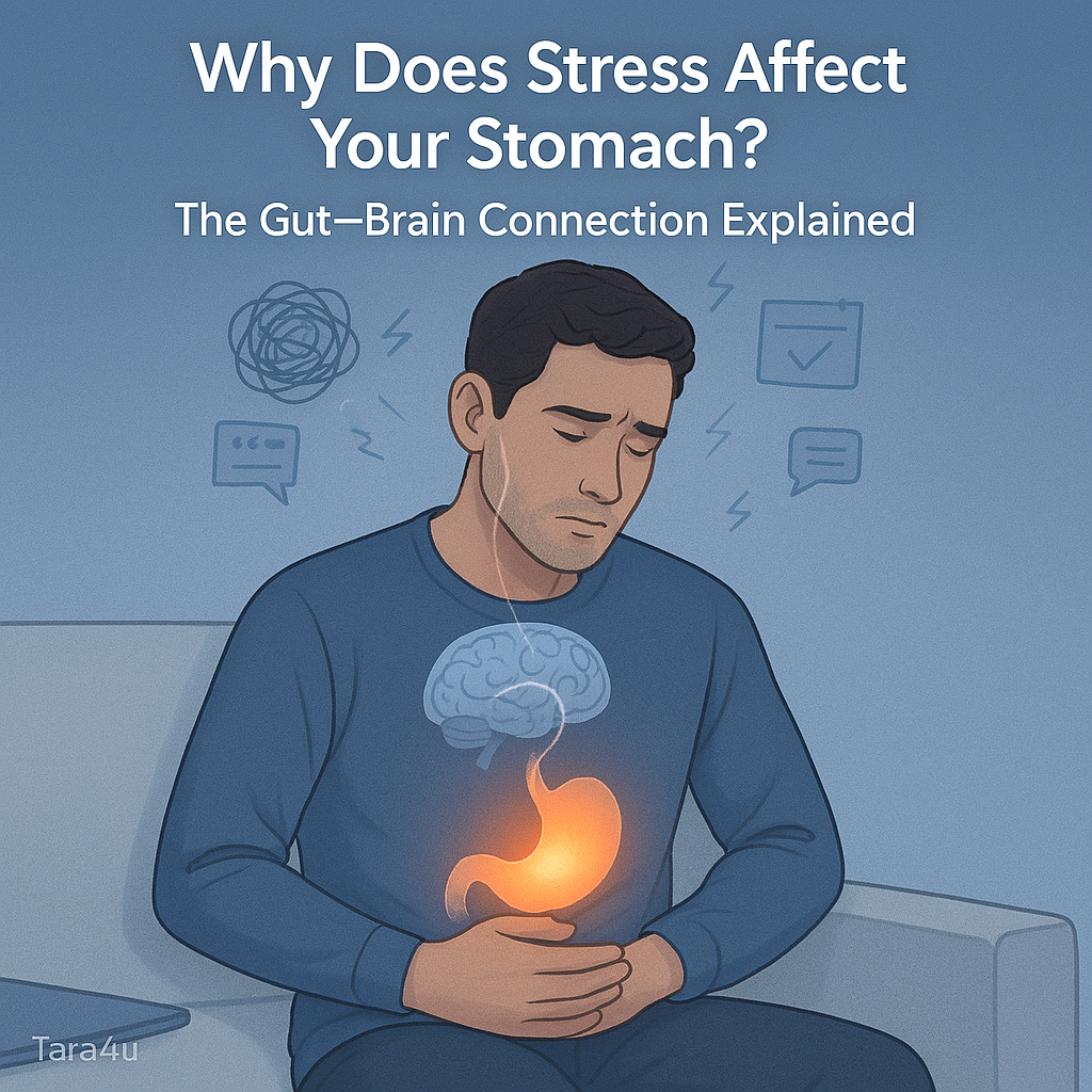 A semi-realistic digital illustration of a man sitting on a couch, gently holding his stomach with a thoughtful expression. A warm orange glow highlights the stomach area inside his torso, connected by a soft glowing line to a blue-toned brain. Around his head are subtle stress symbols like lightning bolts, task icons, and tangled thoughts. The background features calming cool blues and greys. Text at the top reads “Why Does Stress Affect Your Stomach?” with a subtitle “The Gut–Brain Connection Explained.” Tara4u branding appears subtly in the bottom-left corner.