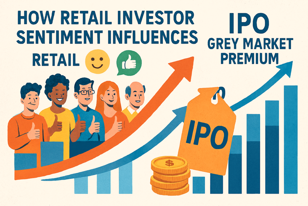 Illustration showing retail investors giving thumbs-up beside rising bar charts and an IPO tag, symbolizing how investor sentiment influences IPO grey market premiums.