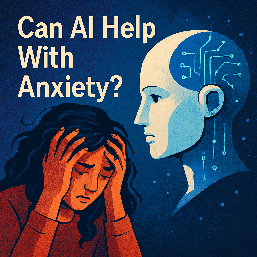 A split-screen illustration showing a distressed woman with her head in her hands on the left, and a calm AI humanoid head with glowing blue circuitry on the right. The background is deep blue with speckles, and the text “Can AI Help With Anxiety?” appears in bold white letters in the top left.