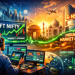 A digital illustration showing a trader analyzing Gift Nifty live signals on multiple screens, with glowing data lines connecting global financial hubs to Indian landmarks like the NSE building, Taj Mahal, and India Gate, symbolizing the prediction of the Indian market opening.