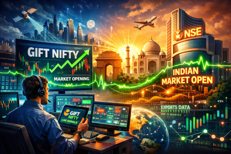 A digital illustration showing a trader analyzing Gift Nifty live signals on multiple screens, with glowing data lines connecting global financial hubs to Indian landmarks like the NSE building, Taj Mahal, and India Gate, symbolizing the prediction of the Indian market opening.