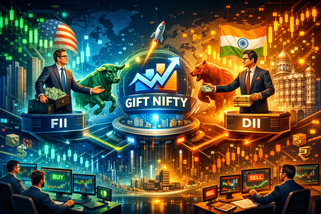 Digital illustration showing FIIs and DIIs influencing Gift Nifty trends, with symbolic bulls, bears, currency, and market charts in a futuristic financial setting.