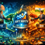 Digital illustration showing FIIs and DIIs influencing Gift Nifty trends, with symbolic bulls, bears, currency, and market charts in a futuristic financial setting.