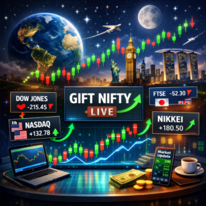 Digital illustration showing how overnight global indices like Dow Jones, Nasdaq, FTSE, and Nikkei impact GIFT Nifty live movements, with international landmarks, candlestick charts, and trading visuals.