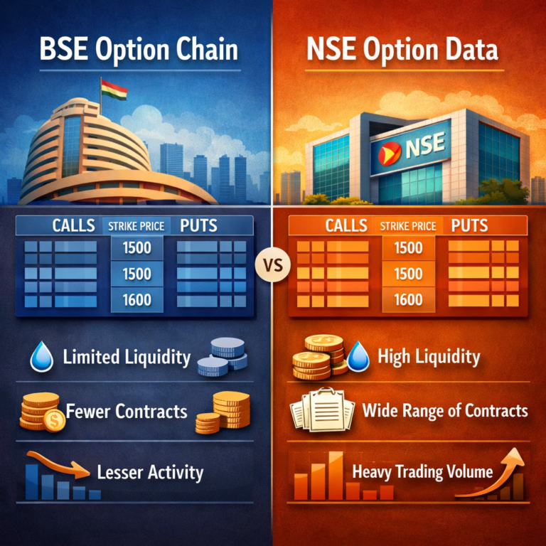 Illustration comparing BSE and NSE option chains, showing differences in liquidity, contract variety, and trading volume.