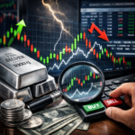A dynamic financial scene showing silver bars, coins, and a candlestick chart with green and red arrows, highlighting market volatility and trading opportunities.