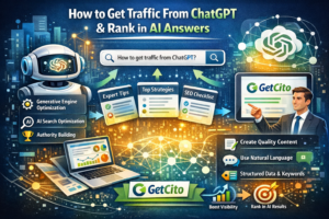 Infographic showing how to get traffic from ChatGPT and rank in AI answers using generative engine optimization and AI search optimization strategies, featuring GetCito branding, content tips, structured data, and SEO techniques for improving visibility in AI-generated results.