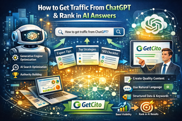 Infographic showing how to get traffic from ChatGPT and rank in AI answers using generative engine optimization and AI search optimization strategies, featuring GetCito branding, content tips, structured data, and SEO techniques for improving visibility in AI-generated results.