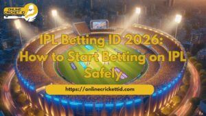 IPL Betting ID 2026 guide showing a cricket stadium with Online Cricket ID logo and text about how to start betting on IPL safely.