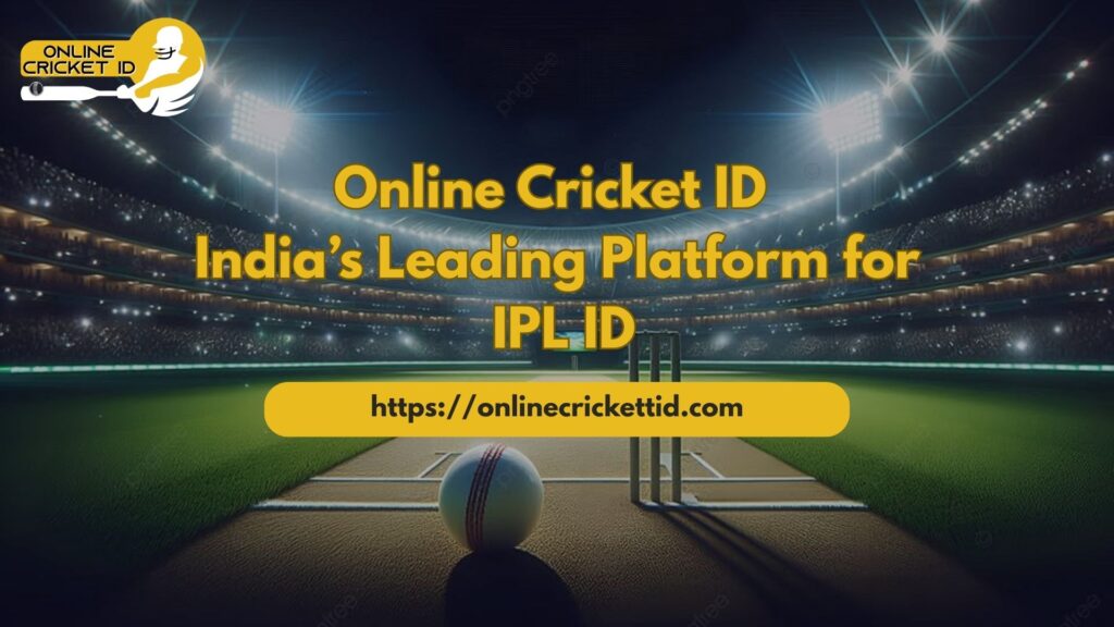 Promotional banner showing a cricket stadium at night with bright floodlights, a cricket pitch with stumps and a ball in the foreground, and the text “Online Cricket ID – India’s Leading Platform for IPL ID” along with the website link “https://onlinecricketid.com” . The top-left corner features a logo of a batsman with the words “Online Cricket ID”.
