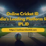 Promotional banner showing a cricket stadium at night with bright floodlights, a cricket pitch with stumps and a ball in the foreground, and the text “Online Cricket ID – India’s Leading Platform for IPL ID” along with the website link “https://onlinecricketid.com” . The top-left corner features a logo of a batsman with the words “Online Cricket ID”.