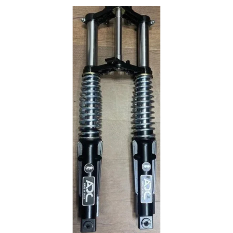 Front view of a dual motorcycle front fork assembly with exposed springs and black lower tubes labeled “ARC.”