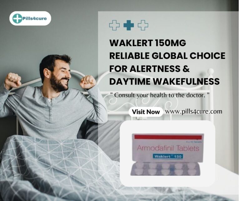 Man waking up energized beside Waklert 150mg Armodafinil tablets, promoting daytime alertness and support for excessive sleepiness disorders.