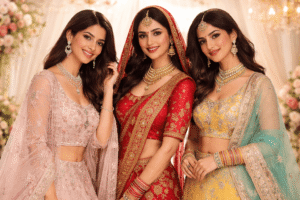 Elegant bride wearing a red Indian wedding dress showcasing bridal lehenga UK style for Asian wedding dresses in the UK.