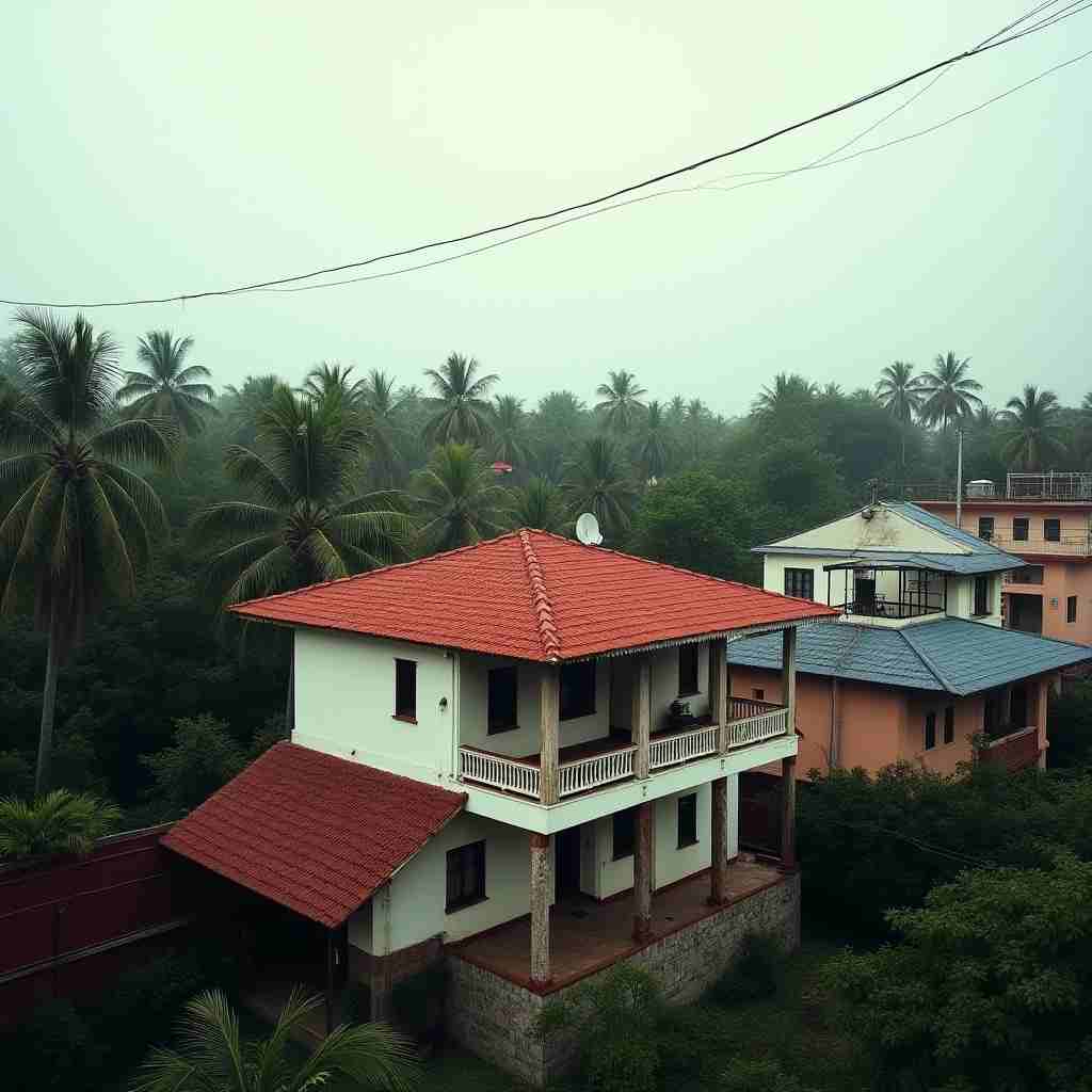 Roof shade for energy efficient homes, featuring a two-story house with a red tiled roof, balcony, and surrounding palm trees in a misty tropical environment.
