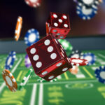 close up view of a craps table with dices and fiches (3d render)