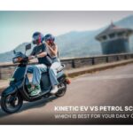 Couple riding a Kinetic DX electric scooter on a highway representing electric scooter vs petrol scooter comparison