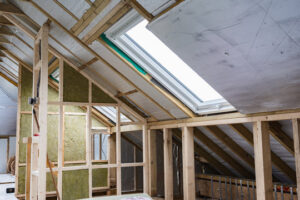 A professional construction site showing timber framing and insulation installed by Loft Conversion Specialists in Harrow UK.
