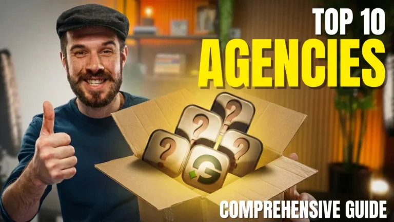 A man in a flat cap gives a thumbs-up beside an open cardboard box filled with question mark icons and a “G” logo. The image features bold text reading “TOP 10 GENERATIVE ENGINE OPTIMIZATION (GEO) AGENCIES” in large yellow letters and “COMPREHENSIVE GUIDE” in white.