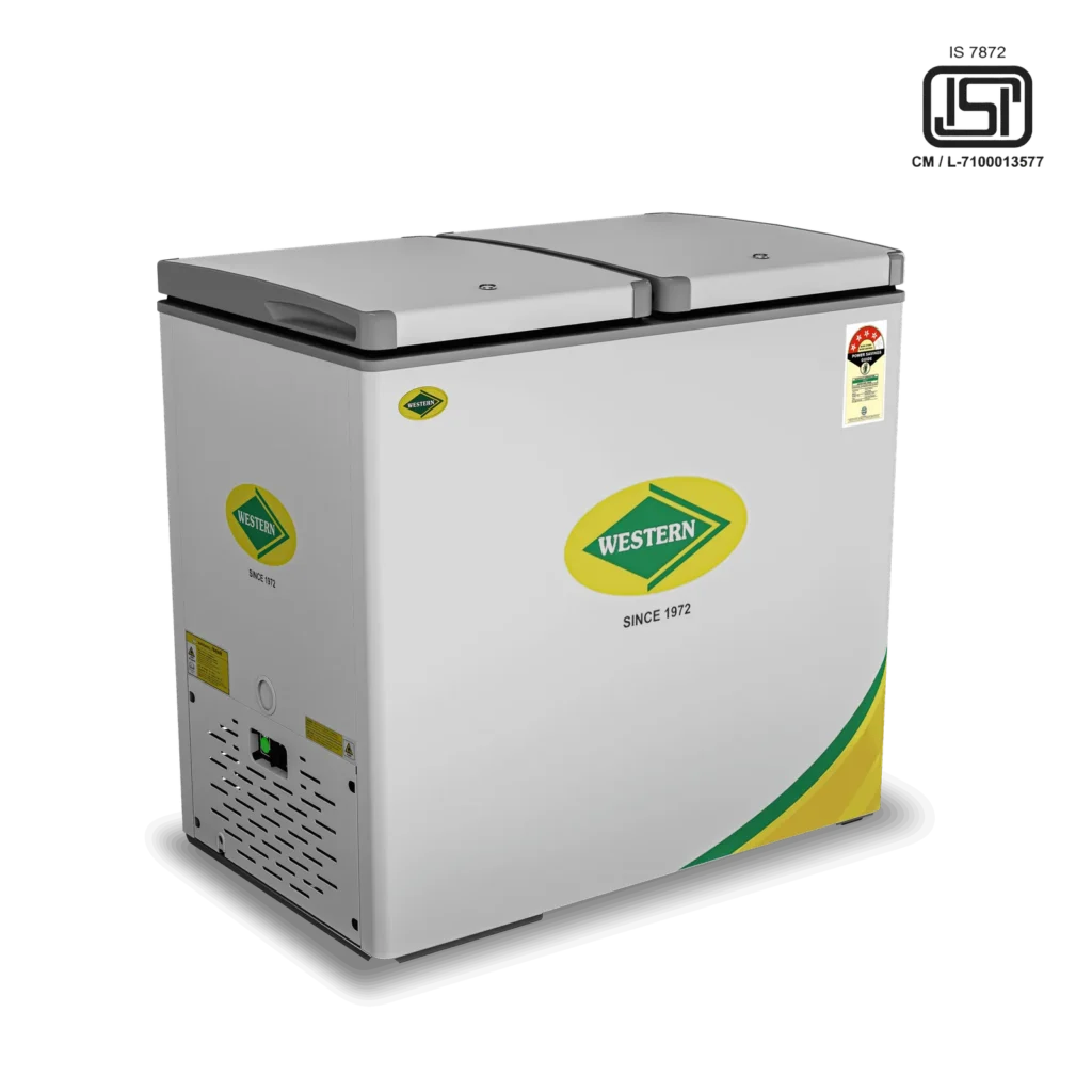 Garage deep freezer for commercial cold storage and frozen food preservation.