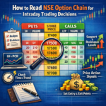 Infographic showing how to read NSE option chain for intraday trading, with strike prices, call/put data, and trading strategy icons.