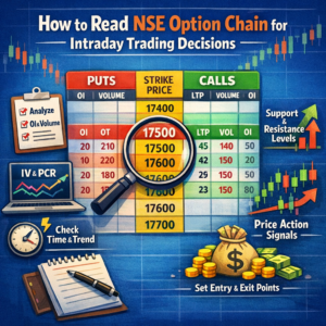 Infographic showing how to read NSE option chain for intraday trading, with strike prices, call/put data, and trading strategy icons.