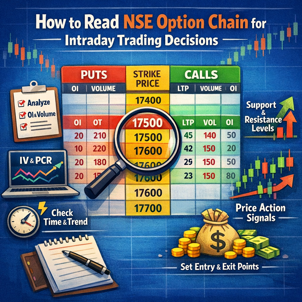 Infographic showing how to read NSE option chain for intraday trading, with strike prices, call/put data, and trading strategy icons.
