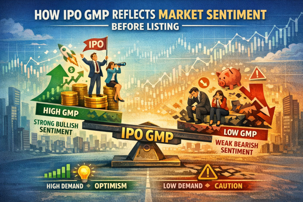 A digital infographic showing a seesaw labeled “IPO GMP” balancing bullish optimism on one side and bearish caution on the other, symbolizing how grey market premium reflects investor sentiment before an IPO listing.