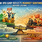 A digital infographic showing a seesaw labeled “IPO GMP” balancing bullish optimism on one side and bearish caution on the other, symbolizing how grey market premium reflects investor sentiment before an IPO listing.