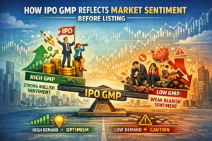 A digital infographic showing a seesaw labeled “IPO GMP” balancing bullish optimism on one side and bearish caution on the other, symbolizing how grey market premium reflects investor sentiment before an IPO listing.