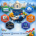 An infographic showing six free stock market analysis tools popular in India — Moneycontrol, TradingView, Screener.in, Tickertape, Investing.com, and StockEdge — arranged around a central illustration of a man analyzing stock charts on a laptop. The background features Indian landmarks like the Taj Mahal and India Gate, with icons for charting tools, stock screeners, market news, and analytics at the bottom.