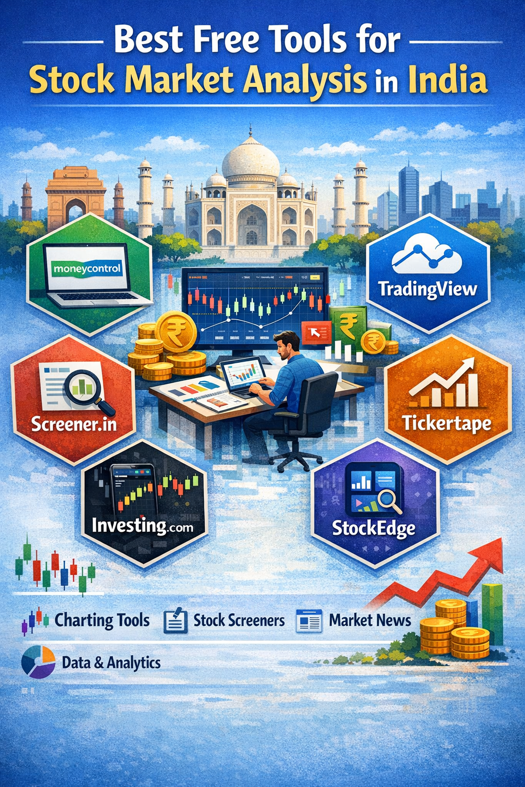 An infographic showing six free stock market analysis tools popular in India — Moneycontrol, TradingView, Screener.in, Tickertape, Investing.com, and StockEdge — arranged around a central illustration of a man analyzing stock charts on a laptop. The background features Indian landmarks like the Taj Mahal and India Gate, with icons for charting tools, stock screeners, market news, and analytics at the bottom.