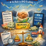 A detailed infographic illustrating the concept of Kostak Rate in IPO trading, featuring a handshake over a “Pre-IPO Deal” card, rupee symbols, charts, and a balance scale showing risk versus reward.