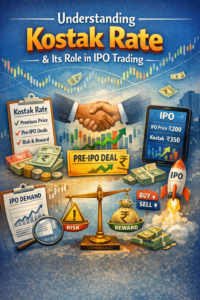 A detailed infographic illustrating the concept of Kostak Rate in IPO trading, featuring a handshake over a “Pre-IPO Deal” card, rupee symbols, charts, and a balance scale showing risk versus reward.