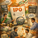 A detailed digital illustration showing investors, charts, and currency around an IPO document labeled “IPO,” symbolizing grey market activity in India before major IPO listings. The background includes the Indian flag colors, stock graphs, and people exchanging money.