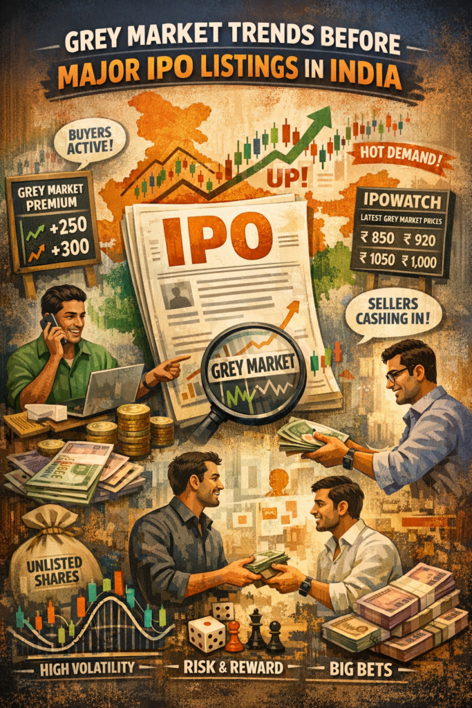 A detailed digital illustration showing investors, charts, and currency around an IPO document labeled “IPO,” symbolizing grey market activity in India before major IPO listings. The background includes the Indian flag colors, stock graphs, and people exchanging money.