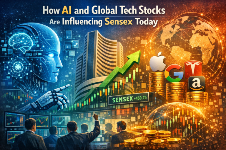 A futuristic digital artwork showing an AI head with glowing circuits beside the Bombay Stock Exchange building, a rising green arrow labeled “SENSEX +450.75,” and global tech logos like Apple, Google, Amazon, and Tesla on stacks of gold coins, symbolizing how AI and global tech stocks influence India’s market.