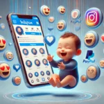 DALL·E 2025-03-15 22.28.12 - A modern digital illustration of a baby holding a smartphone displaying an Instagram profile, surrounded by floating 3D emoji reactions such as hearts