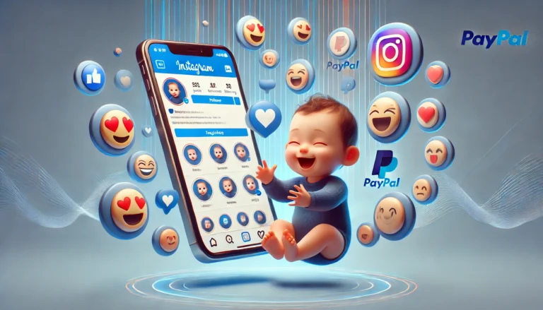 DALL·E 2025-03-15 22.28.12 - A modern digital illustration of a baby holding a smartphone displaying an Instagram profile, surrounded by floating 3D emoji reactions such as hearts