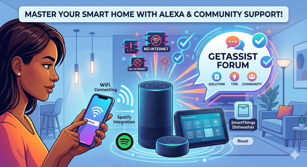 A smart home setup featuring an Echo Dot and a smartphone for Alexa configuration.