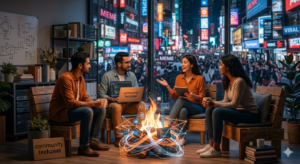 A modern tech workspace with coding screens and a mechanical keyboard, symbolizing the community techzeel environment.