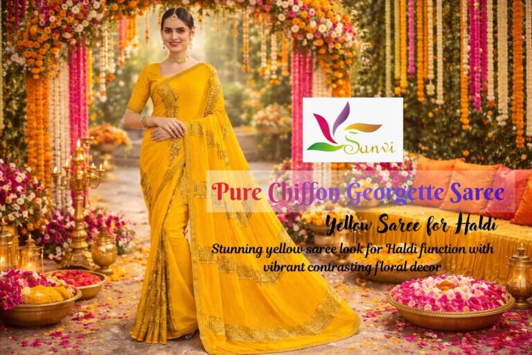 Beautiful woman wearing yellow saree for haldi function with contrasting pink and floral decoration