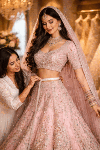 Bride getting measured for a custom bridal gown in a boutique, showcasing made-to-measure Asian wedding dresses and Indian designer wear UK