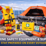 Marine safety equipment and supplies including lifejackets, liferaft, and emergency gear on boat