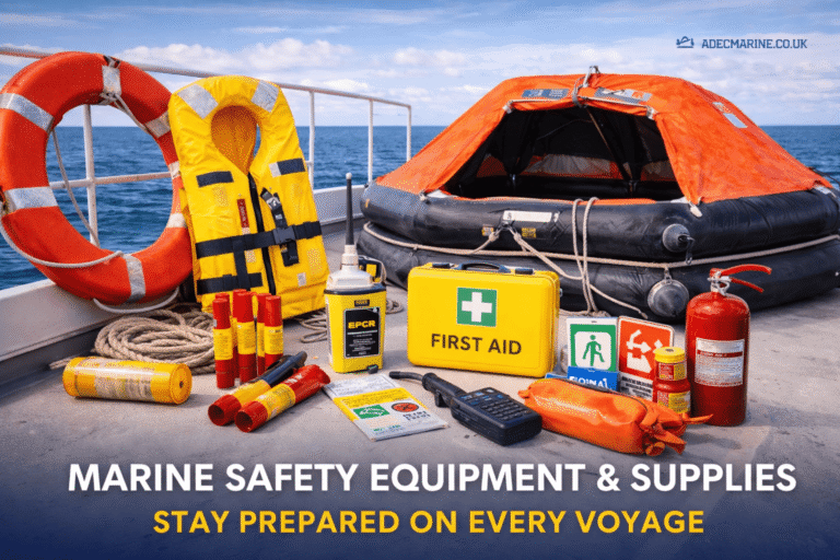 Marine safety equipment and supplies including lifejackets, liferaft, and emergency gear on boat