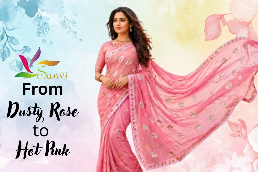 Woman wearing a Dusty Rose and Hot Pink Chiffon Saree