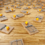 Mouse traps with a slice of cheese scattered on the floor.